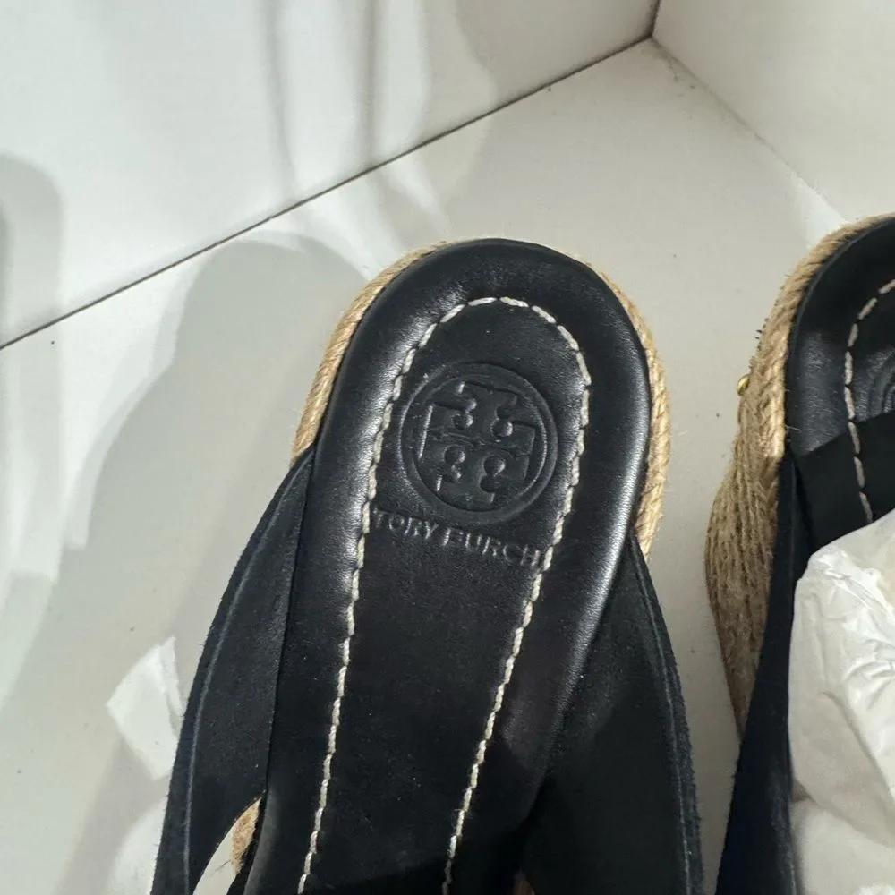Tory Burch Black and Tan Espadrille Wedges